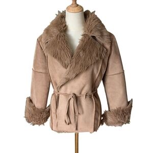 ✨ Twenty Twenty Size L Tan Faux Suede & Fur Belted Wrap Jacket 🧥 Cozy & Chic